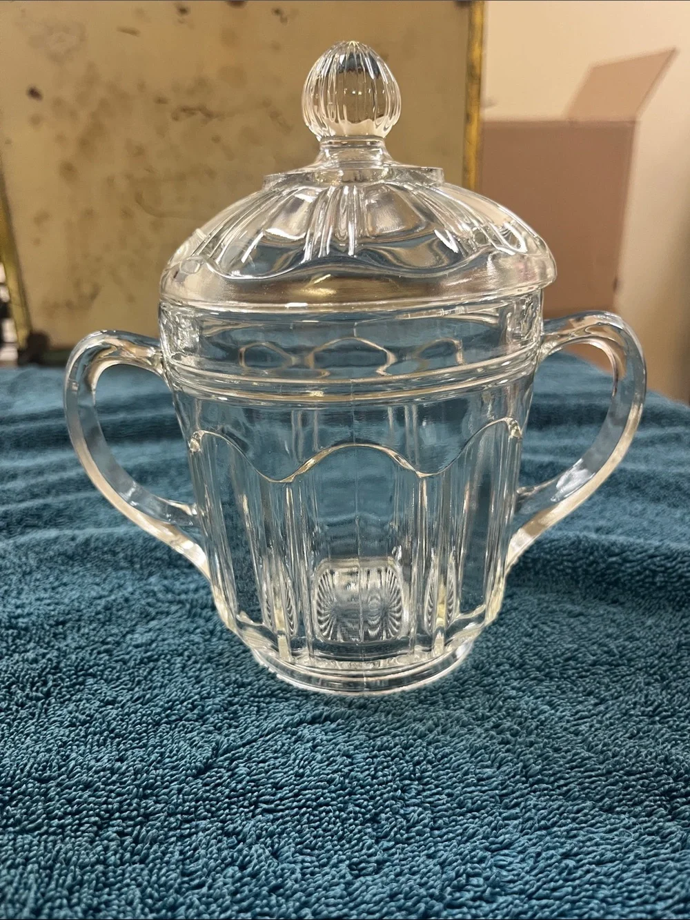 Vintage double handled glass sugar dish with cover